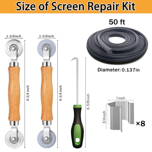 King&Charles Window Screen Door Repair/Replacement Kit, Include Gray Screen Mesh 48"x118"+ 2 Roller+50Ft Spline+8Clips+Hook, 6 in 1 Window Mesh Kit, Steel/Nylon Bearing Roller - color: Gray, size: 48"×118" Kit