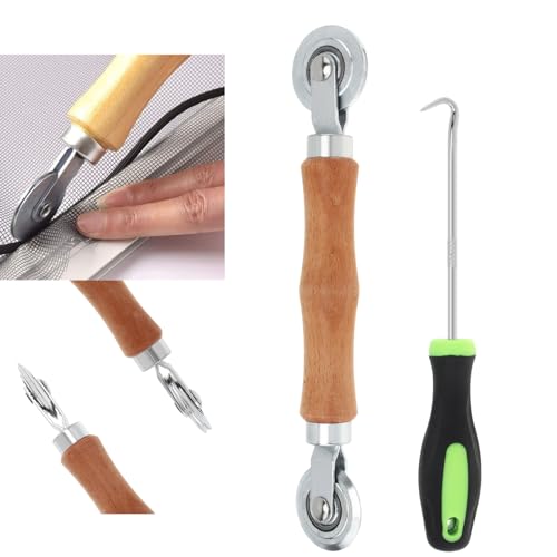 Screen Repair Kit, Screen Roller Tool with Bearing Spline Roller Wooden Handle and Puller Hook for Installing Door Screen Window, 2 in 1 Screen Roller Tool Kit - size: 2 in 1