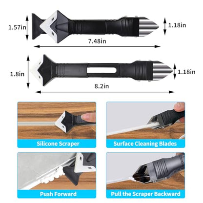 11Pcs Silicone Caulking Tools 3 in1 Grout Removal Tool(Stainless Steelhead)&Grout Remove Scraper,5 Silicone Replaceable Pads,4 Glass Glue Angle Scraper, Caulk Remover for Kitchen/Bathroom/Window/Joint