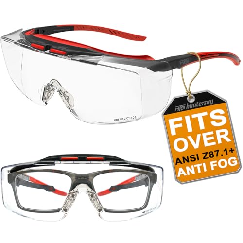 HTS HUNTERSKY ANSI Z87.1+ Anti Fog Lab Safety Glasses Fit Over Eyeglasses Up to 1.88 inch 100% UV Protective OTG Goggles - color: 3906c Black-red / Clear Lens