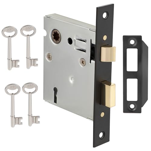 Mortise Lock Set - Interior Door Lock Replacement Kit, Reversible Latch, Skeleton Key, Antique Vintage Style, Matte Black Finish - color: Matte Black