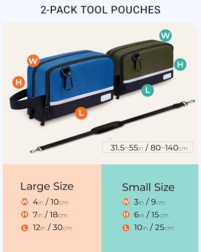 2 Pack Small Tool Bags Zipper Pouch for Organizing, with Adjustable Shoulder Strap & Carabiner, Utility Small Tool Pouch with Multi Pocket Compartments and Label Area (12" & 10") - color: Green/Blue