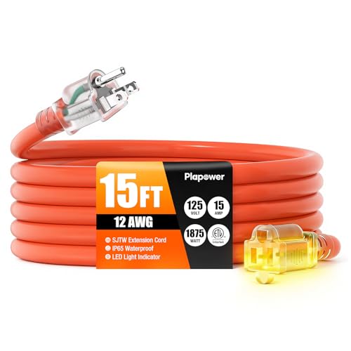 Outdoor Extension Cord 15 FT Waterproof, 12/3 Gauge Heavy Duty 3 Prong Power Cord with Lighted Indicator End, 15A 125V 1875W SJTW, ETL Listed, Great for Lawn/Garden/Home(Orange) - color: Orange, size: 15 FT