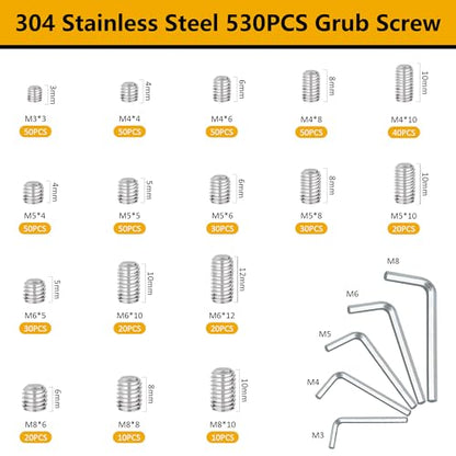 ZTF 530Pcs Metric Set Screws Assortment Kit, Grub Screws Allen Head Socket Set Screws for Bathroom Fixtures, Door Knobs, Towel Rack Screws, Faucets, Plumbing,304 Stainless Steel - size: silver-530pcs