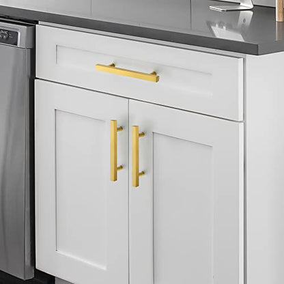 10 Pack Brushed Brass Cabinet Handles with 3-3/4 Inch (96 mm) Hole Center, Square Kitchen Hardware for Cabinets & Drawers, Stainless Steel Pulls, 6 Inch Overall Length - color: Brushed Brass Square T-Shaped, size: 3-3/4" Hole Center