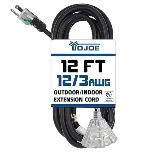 YOJOE 3-Outlets Indoor Outdoor Extension Cord with Lighted End, 3 Prong 15A Weatherproof Power Cord, 12 Gauge Heavy Duty 12 ft Black Extension Cord Multiple Outlets, 12/3 SJTW UL Listed - color: Black, size: 12 Foot