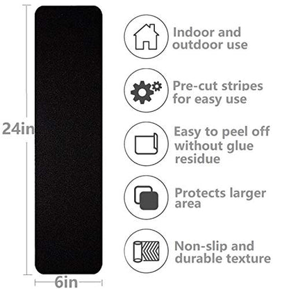 3 Pack Large 6 Inch x 24 Inch Non Slip Stair Treads Black High Traction Adhesive Pre-Cut Safety Tape/Tread Prevents Slips and Falls Outdoor