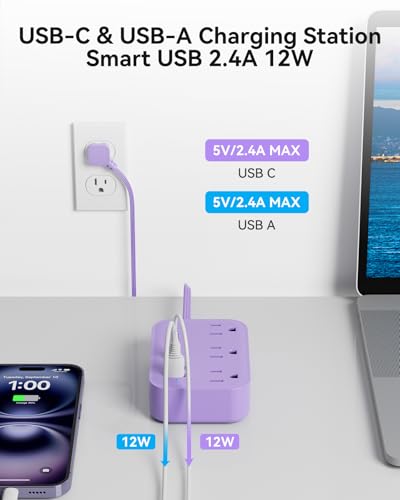 Purple Extension Cord with 3 Outlets & 3 USB(1 USB C), Cute Small Extension Cord 5ft, Travel Power Strip Flat Plug with USB Charging Station, Compact for Cute Purple Kawaii Lavender Desk Accessories - size: 5FT-Purple