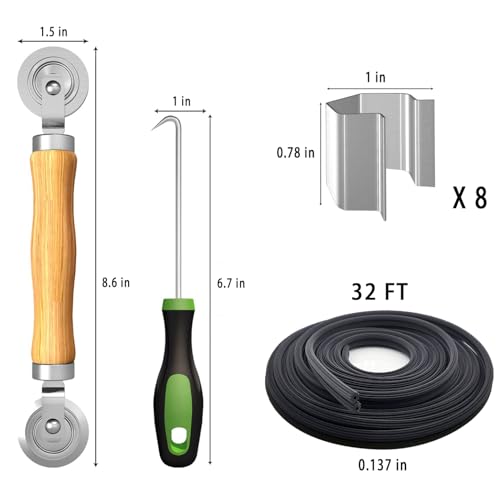Screen Repair Kit, King&Charles 4 in 1 Screen Roller Tools with Bearing & Removal Hook & Clips(8 pcs) & Spline(32 ft) and User Manual, for Install/Replace Door Window Mesh - size: 4 in 1