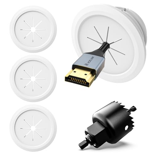 VCELINK TV Cord Hider for Wall Mounted TV, 2.36" (60 mm) Mini White Cable Management Kit Hides TV Wires- Push Type, 4 Pack Wall Cord Pass Throughs and 1 Hole Saw Drill- Ideal for Mounted TVs, Desks - color: White