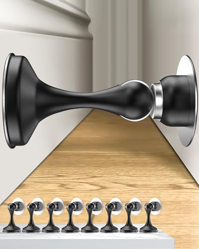 Crosize Magnetic Door Stoppers 8 Pack, Stainless Steel Door Stops for Wall and Floor Mounting, Door Holder Keep Door Open, No Drilling Door Stop with 3D Adhesive Tapes, Black - color: Black, size: 8 Pack
