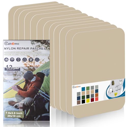 Cahomo 7.9x3.9 inch 12 PCS Nylon Repair Patch Nylon Repair Tape Self Adhesive Fabric Tapes Outdoor Camping Gear Fabric kit for Tent, Umbrella, Down Jackets, Sleeping Bag, Knapsack（Dark Beige） - color: Dark Beige, size: 7.9x3.9 inch
