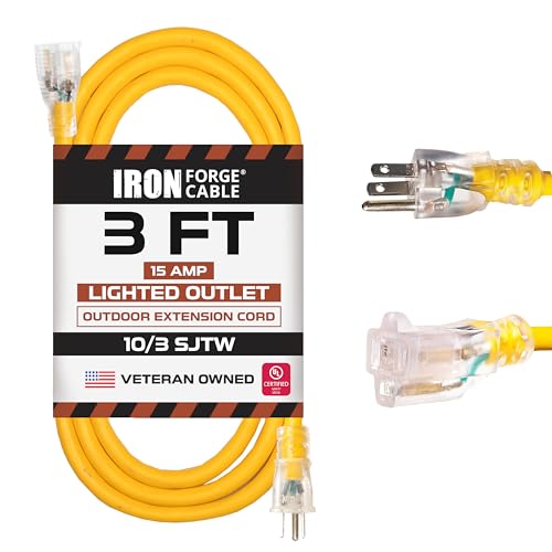 Iron Forge Cable Outdoor Extension Cord 3 Ft - 10 Gauge Heavy Duty Extension Cord, 15 AMP, 10/3 Yellow Power Cable SJTW Weatherproof with 3 Prong - color: Yellow, size: 3 Foot