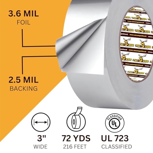 4 Pack Buck Aluminum Foil Tape – 3 Inch x 216ft (72 yd), 3.6 Mil – HVAC Tape for Ductwork, AC, Dryer Vents & Insulation – Silver Foil Tape for Metal Repair, Exhaust Sealing & Air Conditioning - size: 3 Inch, style: 4 Pack
