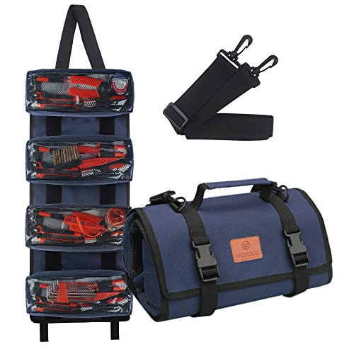 Tool Roll Organizer, Tool Roll Bag Pocket Wrench Roll Pouch, Electricians Wrench Roll, Mechanic Tool Roll Bag, Tool Pouch for Electrician, HVAC, Plumber, Carpenter or Auto Mechanic(Blue) - color: Blue, size: 4 Zipper Pockets