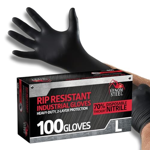 Venom Steel Industrial Nitrile Gloves, Chemical Resistant Disposable Black Gloves, Latex-Free, Powder-Free, Textured Grip, Heavy Duty Two-Layer Protection, 6 mil, Large, 100 Count - size: Large (Pack of 100)
