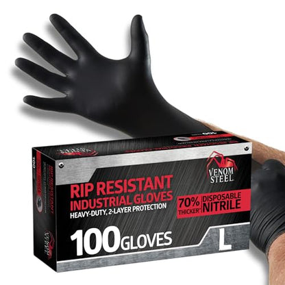 Venom Steel Industrial Nitrile Gloves, Chemical Resistant Disposable Black Gloves, Latex-Free, Powder-Free, Textured Grip, Heavy Duty Two-Layer Protection, 6 mil, Large, 100 Count - size: Large (Pack of 100)
