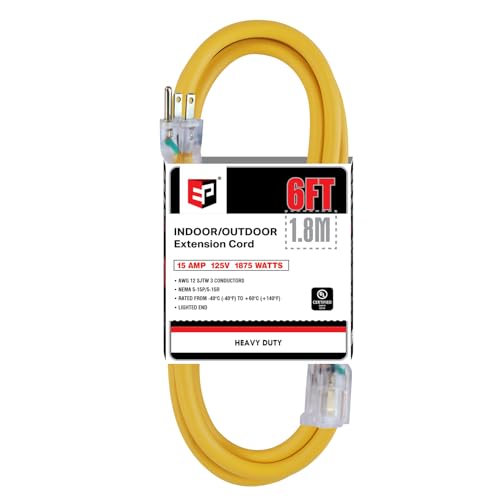 EP 6 ft Lighted Outdoor Extension Cord - 12/3 SJTW Heavy Duty Yellow Extension Cable with 3 Prong Grounded Plug - 15AMP Power Cord for Lawn, Garden, Appliances - color: Yellow, size: 6ft