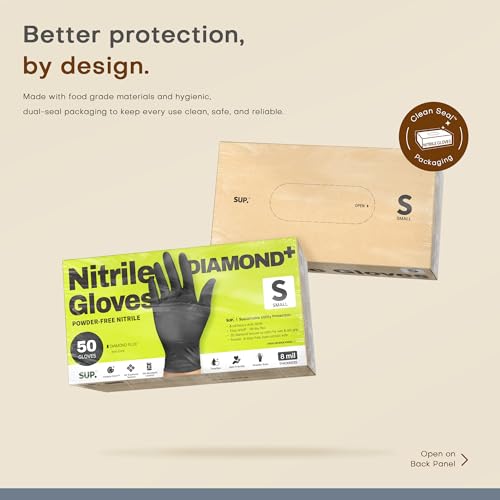 SUPER+ HEAVY DUTY Nitrile Gloves 8 Mil Diamond Texture Disposable Chemical Resistant Powder &Latex Free Food Safe Black 50 Ct - color: Smal (Iron-grey)