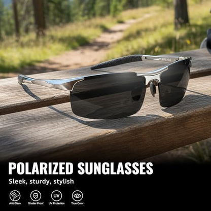 TJUTR Mens Photochromic Sunglasses Day & Night Driving Z87 Sun Glasses Polarized UV400 Protection Safety Glasses - color: C Silver Frame/Grey Polarized Lens