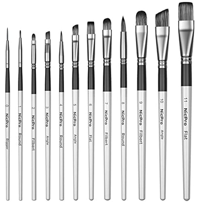 Nicpro 12PCS Artist Paint Brush Set, Craft Paint Brushes for Acrylic Painting, Oil, Watercolor, Gouache, Tempera, Face, Body, Fabric, Leather, Model, Art Supplies Paintbrushes for Artists Beginners - color: Silver