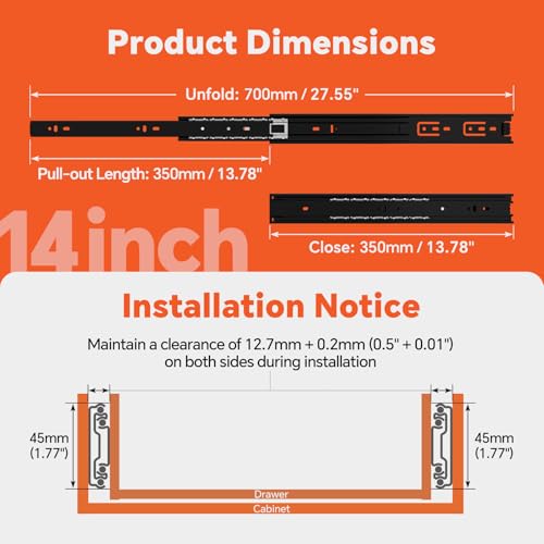 ToBeGreat 1 Pair Side Mount Drawer Slides Rails 14 Inch 100 LB Load Capacity, Full Extension Ball Bearing Metal Replacement Dresser Runners Cabinet Trash Can Slider Kitchen Glides (Black,355.6mm) - color: Black-1 pair, size: 14 Inch