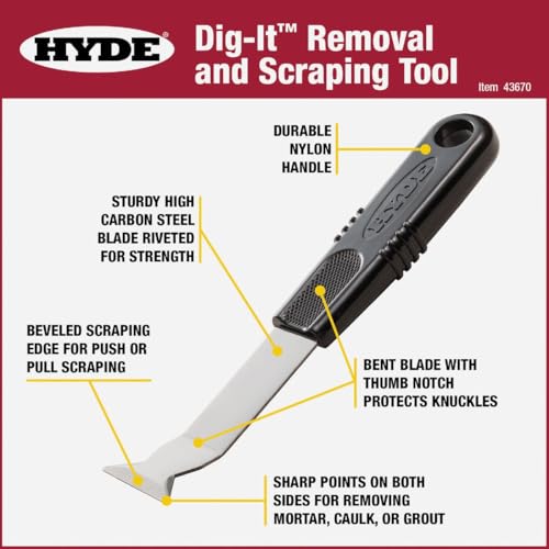 The HYDE® Dig-It™ Removal and Scraping Tool, Push or Pull scraping. Caulk Remover Tool, Paint Scraper, Putty Knife Scraper, Grout Removal Tool, Convienent size perfect for tool box, or tool bag.