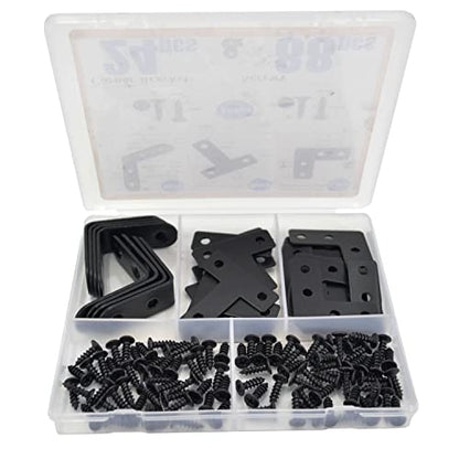 QSJ 24 Pack L Bracket Corner Brace Sets, 1.57x1.57 Inch Black Stainless Steel 90 Degree Right Angle Brackets Fastener L Braces with 88 Screws for Wood, Shelves, Furniture, Cabinet - size: 24Pcs Bracket Set (Flat T/L/Solid L)