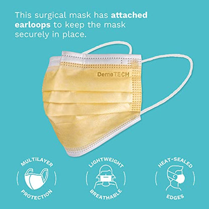 DEMETECH ASTM Level 3 Protective 3-Layer Face Mask, Ear-Loop Style, Adult Mask - color: Yellow - 50 Pack