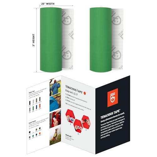 GEAR AID Tenacious Tape 3” x 20” Fabric and Vinyl Gear Repair Tape, Fix Holes and Rips in Puffy Jackets, Rain Gear, Tents, Sleeping Bags and Outdoor Equipment, Green, 2 Rolls - color: Green, style: 3" × 20" (2 Rolls)