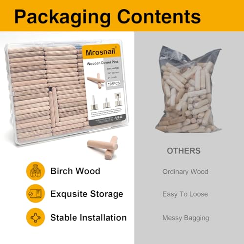 128 Pcs Wooden Dowel Pins, 1/4 x 2 inch Fluted Wood Dowels Hardwood Pegs for Deep Furniture Joints, Wood Signs, Toy Building - size: 128PCS 1/4X1-9/16