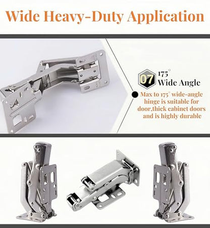 175° Heavy Duty Cabinet Hinges 2 Pair, Wide-Opening Concealed Hydraulic Hinges for Trap Doors, Thick Panels & Garage Cabinets | Soft Close, Adjustable Frameless Hinge Set with Screws & Storage Case - color: Universal | 175°Heavy Duty + Manual & Case