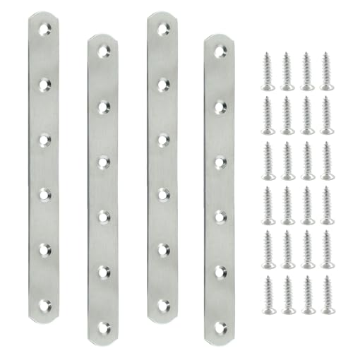 4 Pack 8 Inch Stainless Steel Flat Plate Straight Bracket Flat Metal Brace Bracket, 200mm Metal Brackets Mending Repair Plate Brace with Screws for Wood Straight Brace - size: 8"-200mm-Silver