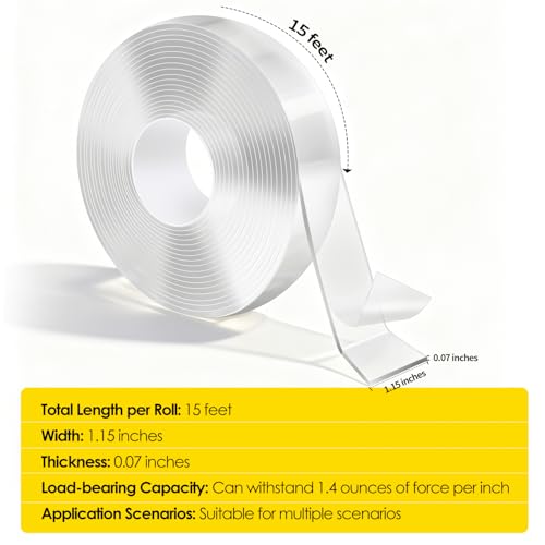 2 Rolls Heavy Duty Double Sided Mounting Tape - 1.2 Inches Wide, 0.07 Inches Thick, 15FT/Roll - Removable, Residue-Free for Home/Office/Outdoor