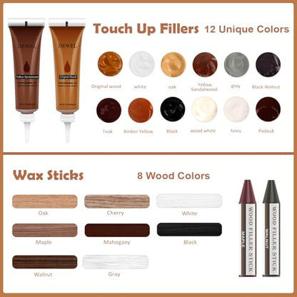 DEWEL Wood Furniture Repair Kit, 31 Pcs Scratch Repair Wood Filler, Wax Sticks with Wood Putty for Wood Floors, Scratches, Cracks, Hole, Laminate, Table, Bedposts - color: 12+8 Color