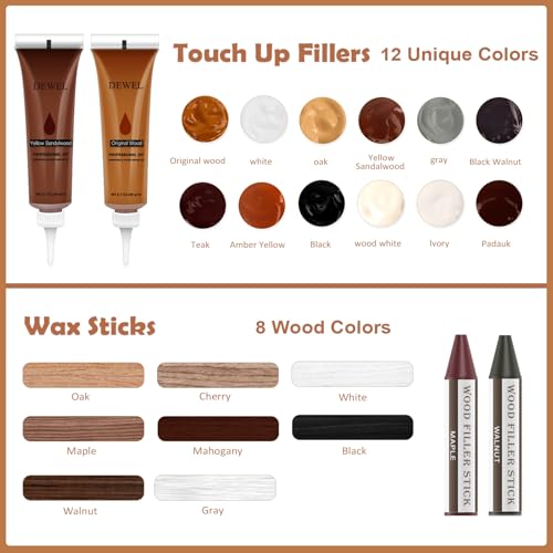 DEWEL Wood Furniture Repair Kit, 31 Pcs Scratch Repair Wood Filler, Wax Sticks with Wood Putty for Wood Floors, Scratches, Cracks, Hole, Laminate, Table, Bedposts - color: 12+8 Color