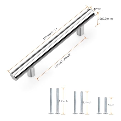 Probrico 5 Pack Hole Centers (96mm) 3.75inch Polished Chrome Kitchen Cabinet Handles Stainless Steel Polished Chrome Cabinet Pulls Round T Bar Pull Handle for Cabinets and Drawers Total Length 6inch - color: Polished Chrome, size: Hole Centers: 3-3/4"