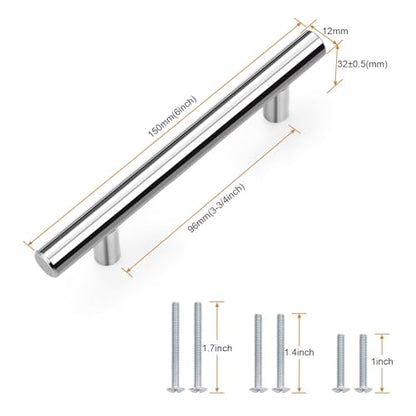 Probrico 5 Pack Hole Centers (96mm) 3.75inch Polished Chrome Kitchen Cabinet Handles Stainless Steel Polished Chrome Cabinet Pulls Round T Bar Pull Handle for Cabinets and Drawers Total Length 6inch - color: Polished Chrome, size: Hole Centers: 3-3/4"