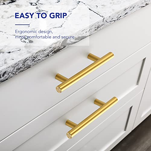 10 Pack Cabinet Handles with 3 Inch (76mm) Hole Center Brushed Brass Cabinet Pulls Stainless Steel Drawer Pulls, Kitchen Knobs for Dresser Drawer, 5 Inch Overall Length - color: Brushed Brass T-Shaped, size: 3" Hole Center