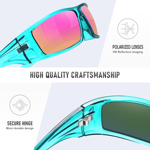 Polarized Sports Sunglasses for Men Women Unbreakable Frame Cycling Fishing Wrap Around Sunglasses UV400 Protection - color: 1-clear Green/Purple Pink Mirror Lens