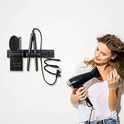 YUET Hair Dryer Holder Hairdryer Station Wall Mounted Shelf Bracket Straightener Stand Hanger Organizer Blow Storage w/Cable Tidy Rack For Dressing Table Bathroom Aluminum Professional,Black With Cup - color: Black With Cup