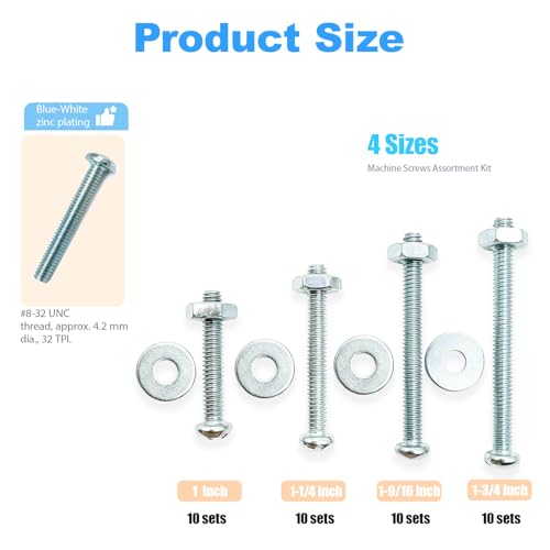 120 Pcs Machine Screws 8/32 Knob/Pull Screws Bolt Nut Flat Washers Assortment Kit Carbon Steel Zinc-Plated Phillips Used for Industrial and Construction Fasteners 4 Sizes Length #8-32x1 to#8-32x1-3/4 - size: 120 Pcs Machine Screw Kit