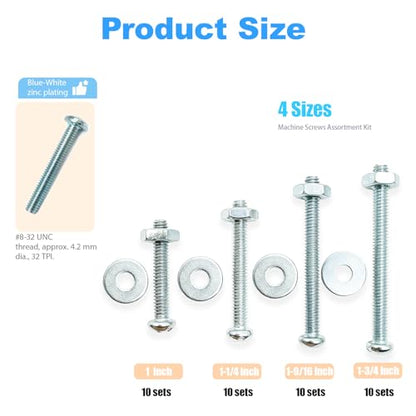120 Pcs Machine Screws 8/32 Knob/Pull Screws Bolt Nut Flat Washers Assortment Kit Carbon Steel Zinc-Plated Phillips Used for Industrial and Construction Fasteners 4 Sizes Length #8-32x1 to#8-32x1-3/4 - size: 120 Pcs Machine Screw Kit