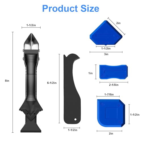 Multifunction Caulking Tool Kit - 9-in-1 Glue Remover Knife, Silicone Scraper with 5 Replaceable Pads for Corner, Angle, Crevice, Grout & Beauty Spatula Sealant Finishing Tool