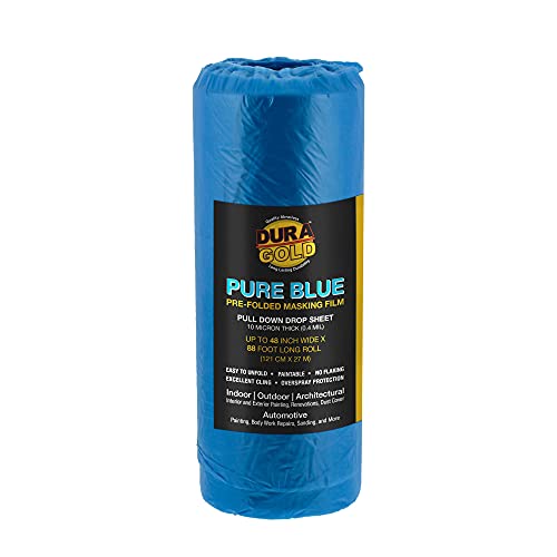 Dura-Gold 48" x 88' Pure Blue Pre-Folded Masking Film - Painters Plastic Roll (0.4 Mil) Pull Down Drop Sheet, Pre-Folded Plastic Sheeting for Painting Protection on Auto, Walls, Furniture - size: 48-inch