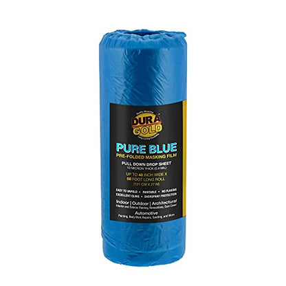 Dura-Gold 48" x 88' Pure Blue Pre-Folded Masking Film - Painters Plastic Roll (0.4 Mil) Pull Down Drop Sheet, Pre-Folded Plastic Sheeting for Painting Protection on Auto, Walls, Furniture - size: 48-inch