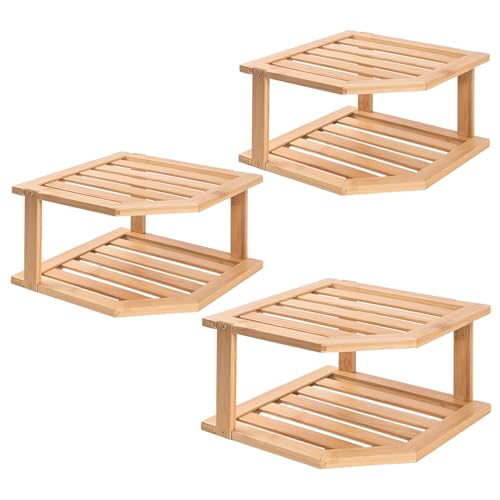 VERTORGAN Bamboo Corner Shelf(3 Pack),2 Tier Plate Organizer for Cabinet and Countertop,Pantry Dish and Spice Rack for Kitchen - color: Natural, size: 3 Pc