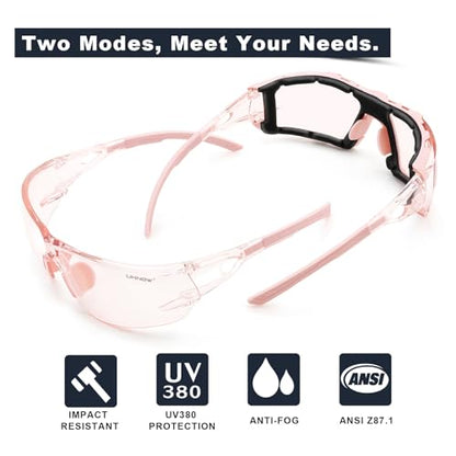 UKNOW Safety Glasses - Anti Fog Wraparound Lenses - Removable Foam Gasket - ANSI Z87.1 Protective Eyewear - Impact Resistant - color: Melon Pink With Light Tint