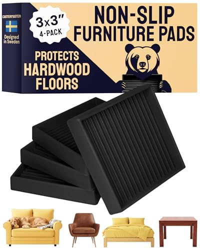 CasterMaster Square Rubber Caster Cups - Black, 3" x 3", Pack of 4 - Furniture Sliders for Hardwood Floors - Noise-Dampening Rubber Feet - Floor Protectors for Furniture - color: Black, size: 3'' x 3'' (Pack of 4)
