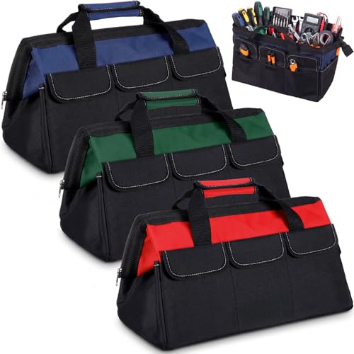 Sanwuta 3 Pack Tool Bag for Men with Waterproof Hard Bottom, Heavy Duty Tool Bag Wide Mouth Tote for Various Instrument, Electrician Carpenter Mechanic(Red, Army Green, Blue,16 Inch,Side Pockets) - color: Red, Army Green, Blue, size: 16 Inch, style: Side